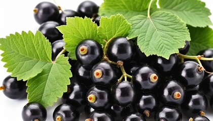 Black currant on a branch with green leaves, demonstrating its glossy texture and bright color on a white background. AI generated.