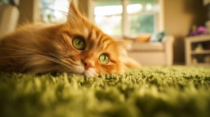 The adorable orange cat lounging comfortably on a vibrant green carpet.
