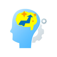 Illustration of human head silhouette with brain. growth mindset, innovation, problem solving. Concept of intelligence, development, strategic thinking, and personal improvement. for education themes