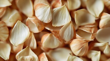 Close up view of dried buckwheat husk flakes scattered around