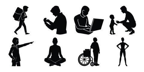 Silhouettes of people in various professions and activities