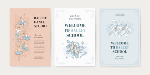 Set of ballet school poster template with hand drawn ballerina, pointe shoes on colorful background. Ballet studio banner, cover of flyer design in retro style. Vector illustration © AM_art