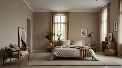 Fototapeta premium Minimalistic room with natural light and beige decor. generative.ai