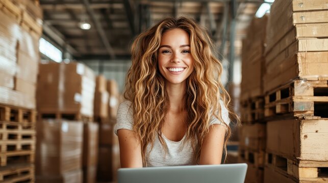 A confident young woman sitting at a laptop in a warehouse setting, radiating positivity and determination, as she balances work and life amidst stacks of wooden pallets. - Powered by Adobe