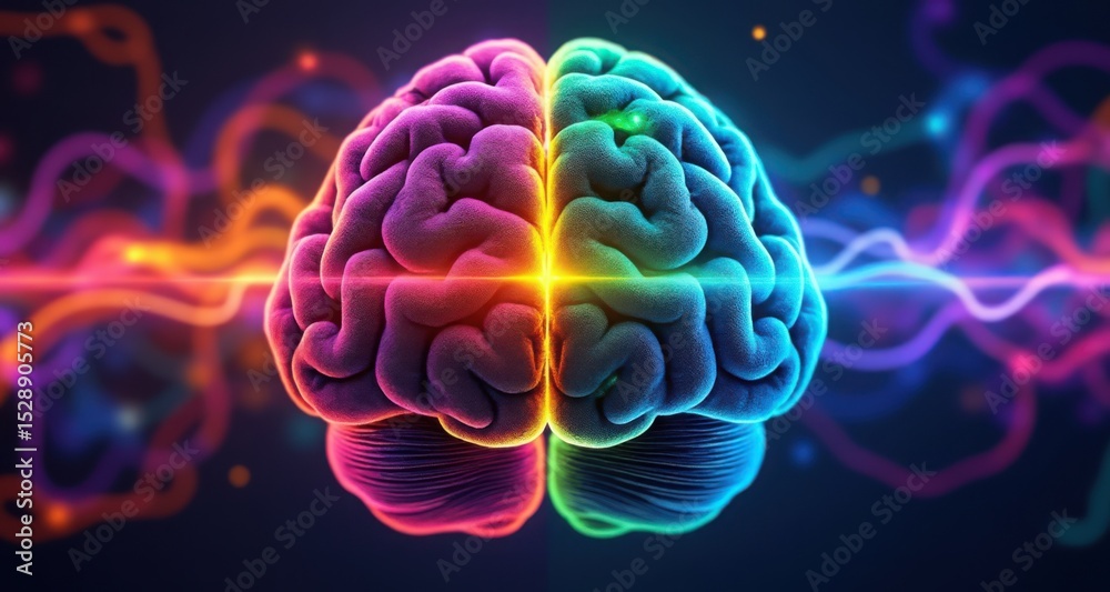 Poster colorful 3d brain model with spectrum effects and energy waves
