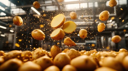 Freshly fried potato chips falling from a fryer basket in a busy commercial kitchen environment