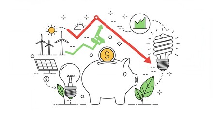 Naklejka premium Illustration showing energy savings with wind turbines, solar panel and energy efficient bulbs
