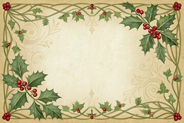 Vintage holly and berry frame on parchment background