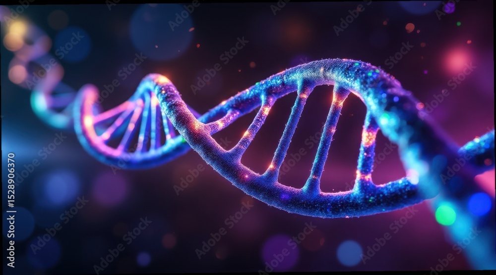 Poster glowing iridescent helix with colorful lights and abstract background