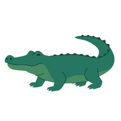 Flat vector illustration of a smiling crocodile with dark green body, light green belly, and a curved tail. Cute and simple design, ideal for childrens books, safari, or jungle themes. Vector