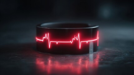 Futuristic wearable device displaying a red heartbeat line, symbolizing health and technology integration on a dark background. calming rhythms tranquility mindfulness concept. High quality