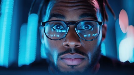 An intense close-up of a person's face illuminated by soft blue lights, showcasing an expression of determination and curiosity amidst a digital atmosphere.