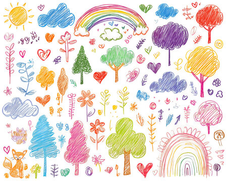 Vibrant Childlike Crayon Drawing of Nature Scene with Rainbow, PNG