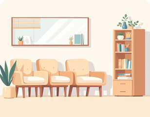 Cozy Living Room with Beige Chairs and Wooden Bookshelf
