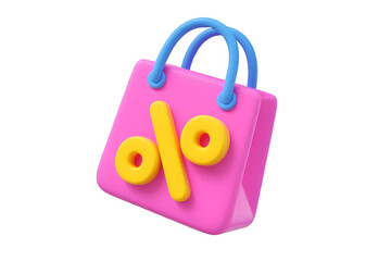 Pink Shopping Bag with Percent Sign – 3D Sale Icon Isolated on Transparent Background