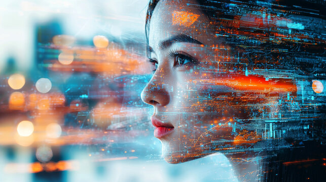 Abstract digital double exposure portrait of a woman with glitch effect, representing artificial intelligence and futuristic technology