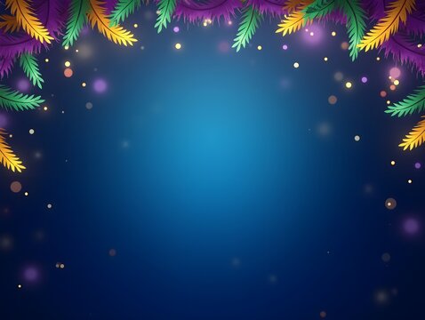 AI generated Mardi Gras background with empty copy space. banner with feathers, bokeh on blue backdrop. Carnival. Purim.