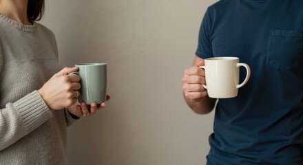 Two people holding coffee mugs while having a conversation indoors  