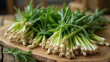 Fresh green asparagus on wooden cutting board with white tips