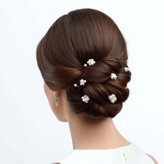 Bridal updo hairstyle inspiration with flower pins for wedding or special occasion styling ideas