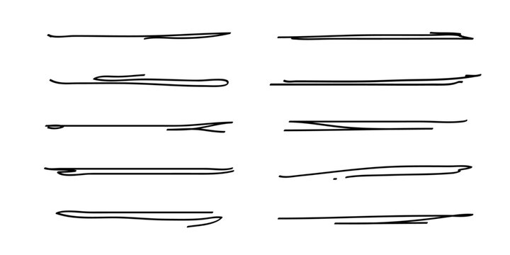 Underlines set, hand drawn accentuation marker pen strokes. Doodle style divider separator handwritten collection wavy curly various strips art lines. Isolated. Vector illustration