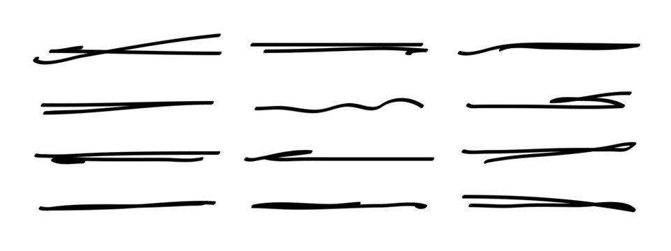 Underlines set, hand drawn accentuation marker pen strokes. Doodle style divider separator handwritten collection wavy curly various strips art lines. Isolated. Vector illustration
