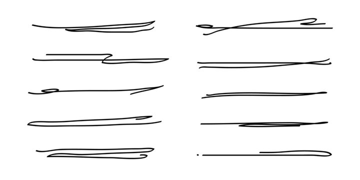 Underlines set, hand drawn accentuation marker pen strokes. Doodle style divider separator handwritten collection wavy curly various strips art lines. Isolated. Vector illustration