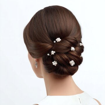 Bridal updo hairstyle inspiration with flower pins for wedding or special occasion styling ideas