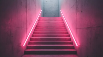 Fototapeta premium A striking staircase glowed with neon pink lights, creating an alluring and modern ambiance, inviting viewers to explore the intriguing space that lies beyond.