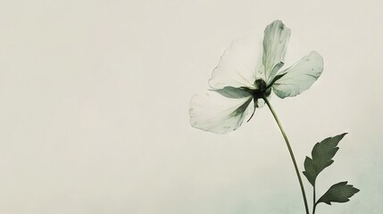 29.A minimalist composition of a fragile flower with smooth petals marked by vibrant green spots, isolated against a soft, neutral background.