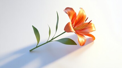 60.A realistic depiction of a single orange lily stem, its vibrant flowers captured with intricate detail, including soft shadows, isolated on a white backdrop.