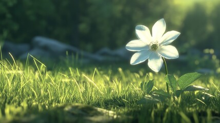 62.A detailed macro view of a single pristine white flower blooming in a lush green meadow, its delicate petals glowing softly under warm sunlight.