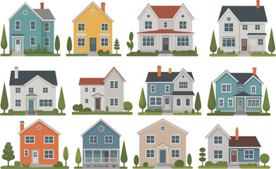 Colorful suburban houses collection, residential home illustrations, flat design homes, cozy family houses, neighborhood architecture, cartoon houses vector pack