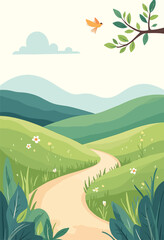 Obraz premium Lush Landscape Path with Bird and Flowers