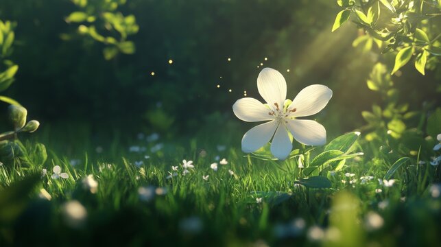 62.A detailed macro view of a single pristine white flower blooming in a lush green meadow, its delicate petals glowing softly under warm sunlight.