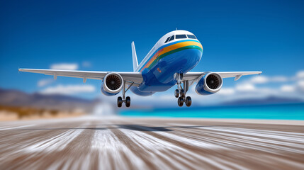 Naklejka premium Airplane begins ascent over runway with ocean view. Clear blue sky setting enhances the travel experience. Concept of aviation, travel industry, tourism