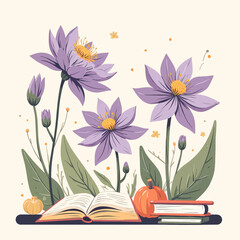 Purple Flowers and Books Autumn Serenity