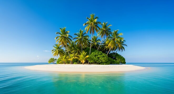 Secluded tropical island paradise with lush palm trees and white sand beach