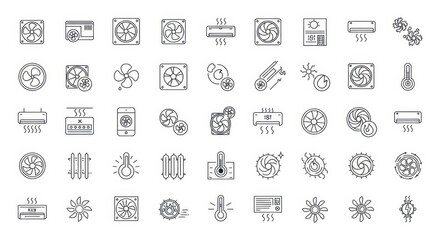 Collection of various air conditioning and heating icons displayed in a linear style format
