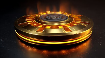 golden sci-fi wireless power disk radiating kinetic energy stream sleek surface design vibrant lighting for tech content
