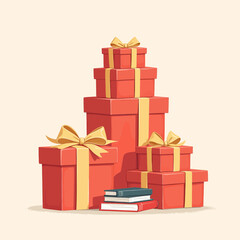 Fototapeta premium Stacked Red Gifts with Gold Bows and Books for Celebration