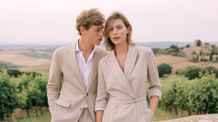 Fototapeta premium Stylish young couple in neutral outfits posing outdoors in scenic countryside. Summer fashion, romance, elegance, vacation and timeless minimalism in warm soft light.