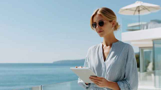 Young blonde woman with tablet on sunny seaside balcony. Elegant solo traveler working remotely during vacation. Ocean view, calm mood, summer lifestyle and digital freedom concept.