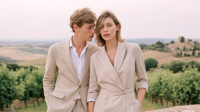 Stylish young couple in neutral outfits posing outdoors in scenic countryside. Summer fashion, romance, elegance, vacation and timeless minimalism in warm soft light.