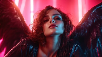 Naklejka premium A striking fashion model adorned with dark angel wings poses dramatically amidst vibrant neon lights, merging beauty and fantasy in a visually captivating display.
