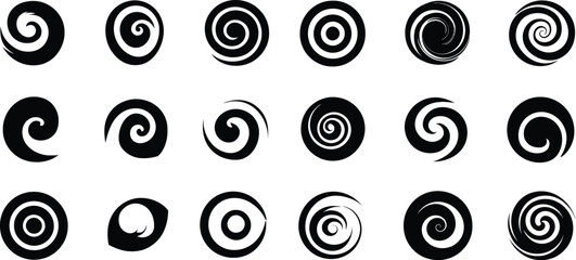 Spiral Design Vector Set – Eighteen Unique Black Swirls Showcasing Varied Geometric Patterns & Artistic Motion for Graphic Use