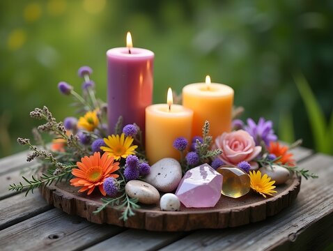 Wildflowers, burning candles, and healing crystals arranged on wooden surface outdoors. Natural ritual altar setup. Summer solstice and midsummer festival concept.