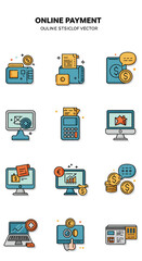 Collection of colorful icons depicting online payment methods, including card readers, computers, and coins.