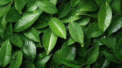 Fototapeta premium Close-up of vibrant green leaves with water droplets cove the surface after rain on a lush plant background