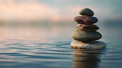 Balanced stones stacked on calm water, symbolizing tranquility and harmony in a serene environment. calming rhythms serenity patterns concept. High quality